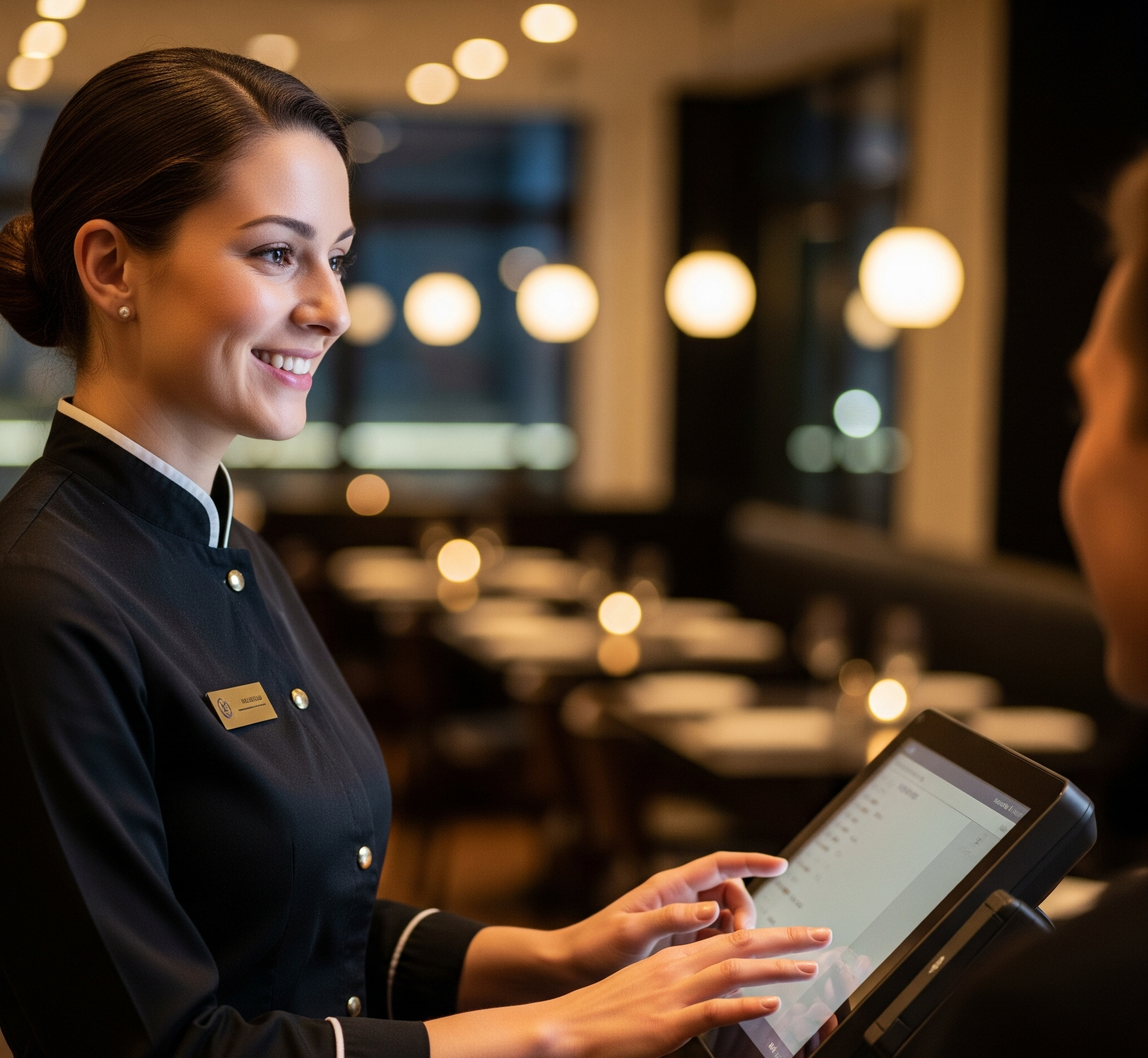 Restaurant employee using tablet